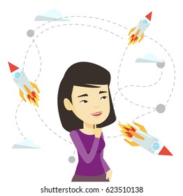 Asian business woman looking at flying start up rockets. Businesswoman came up with idea for business start up. Business start up concept. Vector flat design illustration isolated on white background.