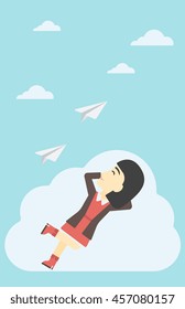 An asian business woman lying on a cloud and looking at flying paper plane. Business woman relaxing on a cloud. Vector flat design illustration. Vertical layout. An asian business woman lying on a cloud and looking at flying paper plane. Business woman relaxing on a cloud. Vector flat design illustration. Vertical layout.