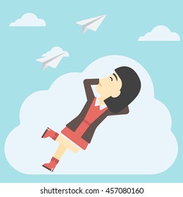 An asian business woman lying on a cloud and looking at flying paper plane. Business woman relaxing on a cloud. Vector flat design illustration. Square layout.