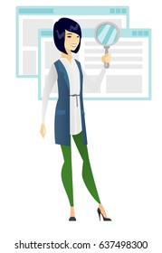 Asian business woman with magnifying glass. Full length of young business woman holding magnifying glass on the background of web page. Vector flat design illustration isolated on white background.