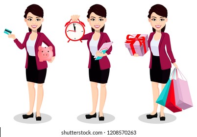 Asian business woman in office clothes. Beautiful lady, cartoon character, set of three poses with piggy bank and credit card, with alarm clock and with gift box and shopping bags. Vector illustration