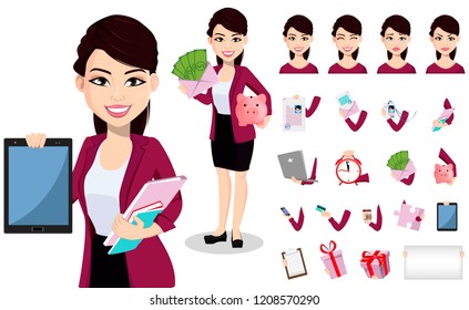 Asian business woman in office clothes. Beautiful lady, cartoon character, pack of body parts, emotions and things. Build your personal design. Vector illustration