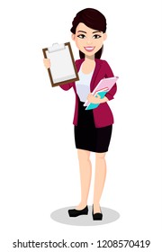 Asian business woman in office clothes. Beautiful lady, cartoon character holds clipboard and documents. Vector illustration isolated on white background.
