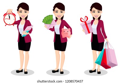 Asian business woman in office clothes. Beautiful lady, cartoon character, set of three poses with alarm clock, with piggy bank and with shopping bags. Vector illustration