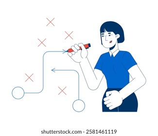 Asian business woman planning strategy with flowchart 2D cartoon character. Critical thinking. Problem-solving businesswoman isolated person flat vector on white background. Spot illustration colorful