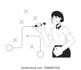 Asian business woman planning strategy flowchart black and white 2D line character. Critical thinking. Problem-solving businesswoman isolated vector outline person. Monochromatic spot illustration