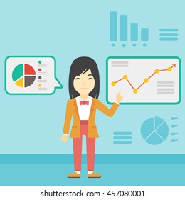 An asian business woman pointing at charts on a board during presentation. Woman giving a business presentation. Business presentation in progress. Vector flat design illustration. Square layout.