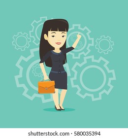 Asian business woman pointing finger up because she came up with business idea. Businesswoman having business idea. Successful business idea concept. Vector flat design illustration. Square layout.