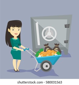 Asian business woman pushing wheelbarrow full of money on the background of big bank safe. Rich business woman depositing her money in bank in the safe. Vector flat design illustration. Square layout.