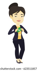 Asian business woman putting money bribe in pocket. Business woman hiding money bribe in jacket pocket. Bribery and corruption concept. Vector flat design illustration isolated on white background.