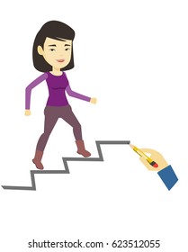 Asian business woman running up the career ladder drawn by hand. Business woman climbing the career ladder. Concept of business career. Vector flat design illustration isolated on white background.