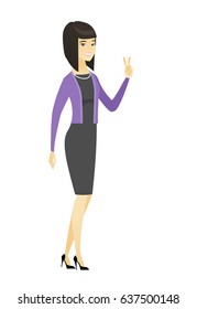 Asian business woman showing victory gesture. Business woman showing victory sign with two fingers. Businesswoman with victory gesture. Vector flat design illustration isolated on white background