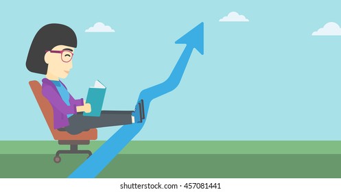 An asian business woman sitting in a chair and reading a book while her legs lay on an uprising arrow. Business study concept. Vector flat design illustration. Horizontal layout.