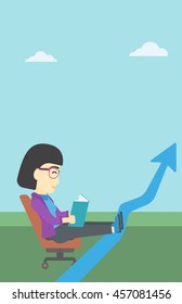 An asian business woman sitting in a chair and reading a book while her legs lay on an uprising arrow. Business study concept. Vector flat design illustration. Vertical layout.