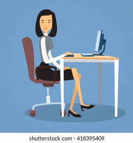 Asian Business Woman Sitting At Desk In Office Working Computer Desktop Flat Vector Illustration