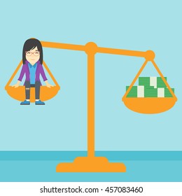 An asian business woman sitting on a scale with stacks of money. Vector flat design illustration. Square layout.