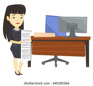 Asian business woman standing in office with long bill. Disappointed business woman holding long bill. Business woman looking at long bill. Vector flat design illustration isolated on white background