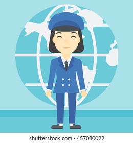 An asian business woman standing on a background of Earth globe. Business woman taking part in global business. Global business concept. Vector flat design illustration. Square layout.