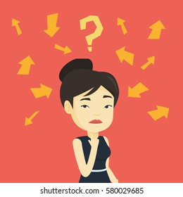 Asian business woman standing under question mark and arrows. Business woman thinking. Thoughtful business woman surrounded by question mark and arrows. Vector flat design illustration. Square layout.