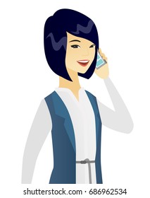 Asian business woman talking on a mobile phone. Young smiling business woman talking on a cell phone. Vector flat design illustration isolated on white background.