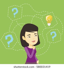 Asian business woman thinking about creative idea. Business woman standing with question marks and idea light bulb above her head. Business idea concept. Vector flat design illustration. Square layout