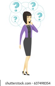 Asian business woman thinking. Thinking business woman standing under question marks. Thinking business woman surrounded by question marks. Vector flat design illustration isolated on white background