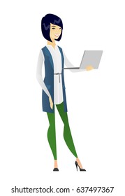 Asian business woman using laptop. Full length of young smiling business woman working on laptop. Cheerful business woman holding laptop. Vector flat design illustration isolated on white background.