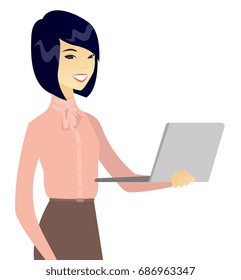 Asian business woman using a laptop. Young smiling business woman working on a laptop. Cheerful business woman holding a laptop. Vector flat design illustration isolated on white background.