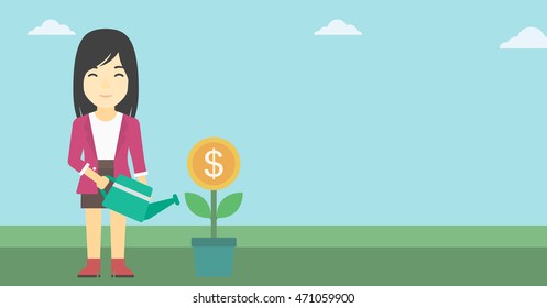 An asian business woman watering a money flower. Successful business concept. Vector flat design illustration. Horizontal layout.