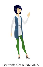 Asian business woman waving her hand. Full length of business woman waving hand. Business woman making greeting gesture - waving hand. Vector flat design illustration isolated on white background.