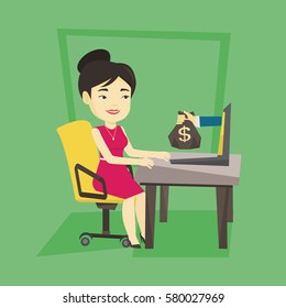 Asian business woman working in office and bag of money coming out of laptop. Businesswoman earning money from online business. Online business concept. Vector flat design illustration. Square layout.