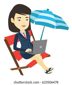 Asian business woman working on beach. Business woman sitting in chaise lounge under beach umbrella. Business woman using laptop on beach. Vector flat design illustration isolated on white background.