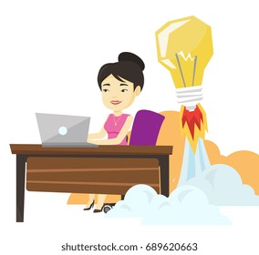 Asian business woman working on laptop in office and idea bulb taking off behind her. Woman having business idea. Business idea concept. Vector flat design illustration isolated on white background.