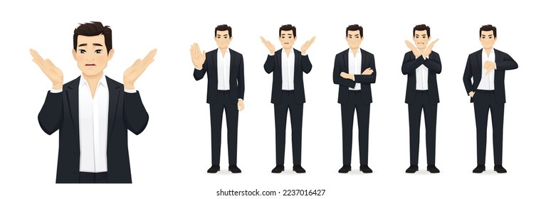 Asian business young man in in black suit showing negative emotions with different gestures set. Upset, dislike, angry, refused isolated vector illustration.