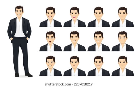 Asian business young man in black suit with different facial expressions set vector illustration isolated