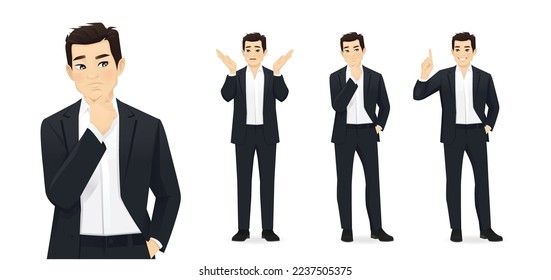 Asian business young man in black suit thinking and making idea pointing up isolated on white background vector illustration