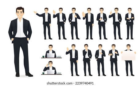 Asian business young man in black suit. Different poses set. Various gestures male character standing and sitting at the desk isolated vector illustration