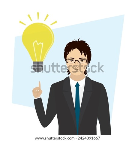 Asian businessman with big yellow light bulb. Brainstorm, new business idea. Male employee successfully solves business tasks and problems. Confident white collar worker. Flat vector illustration
