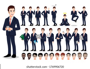 Asian Businessman Cartoon Character Set. Handsome Business Man In Office Style Smart Suit . Vector Illustration