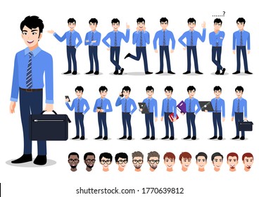 Asian Businessman Cartoon Character Set. Handsome Business Man In Office Style Smart Shirt . Vector Illustration 