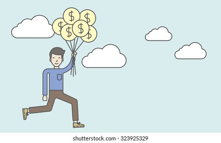 An asian businessman flying with balloons. Successful business concept. Vector line design illustration. Horizontal layout with a text space.