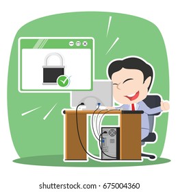 asian businessman in front of secured computer