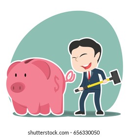 asian businessman going to break piggy bank