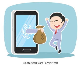 asian businessman happy got money from smartphone