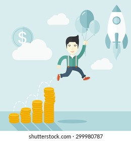 An asian Businessman holding balloons fly high with coin graph that shows increase in sales. Start up business concept. A Contemporary style with pastel palette, soft blue tinted background with