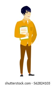 Asian  businessman holding clipboard with papers. Full length of businessman with papers. Young smiling businessman holding papers. Vector flat design illustration isolated on white background.