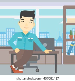 Ein asiatischer Geschäftsmann, der sich im Büro auf einen Tisch stützt. Junge lächelnde Geschäftsleute stehen im Büro. Vektorflache Design-Illustration. Quadratisches Layout.