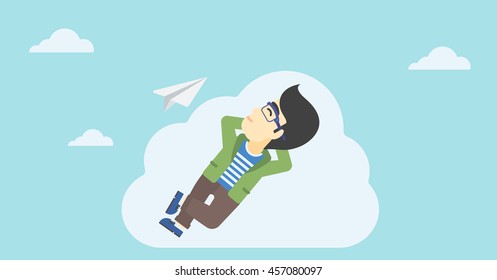 Um empresário asiático deitado em uma nuvem e olhando para um avião de papel voador. Empresário relaxando em uma nuvem. Ilustração de design plano vetorial. Layout horizontal.