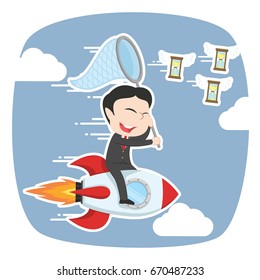 asian businessman on rocket chasing flying hourglass