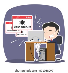 asian businessman panic with virus alert pop up